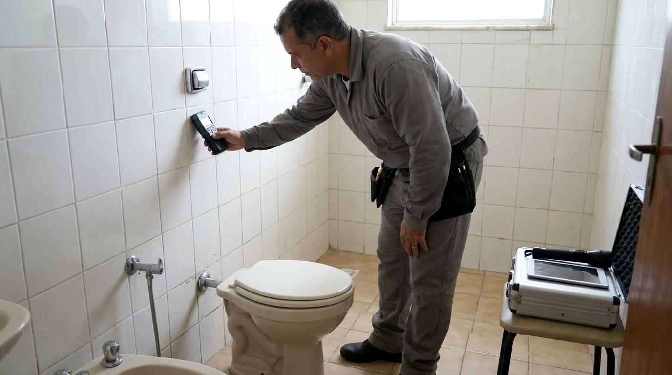 Técnico de caça vazamento analisando tubulação em Duque de Caxias‑RJ