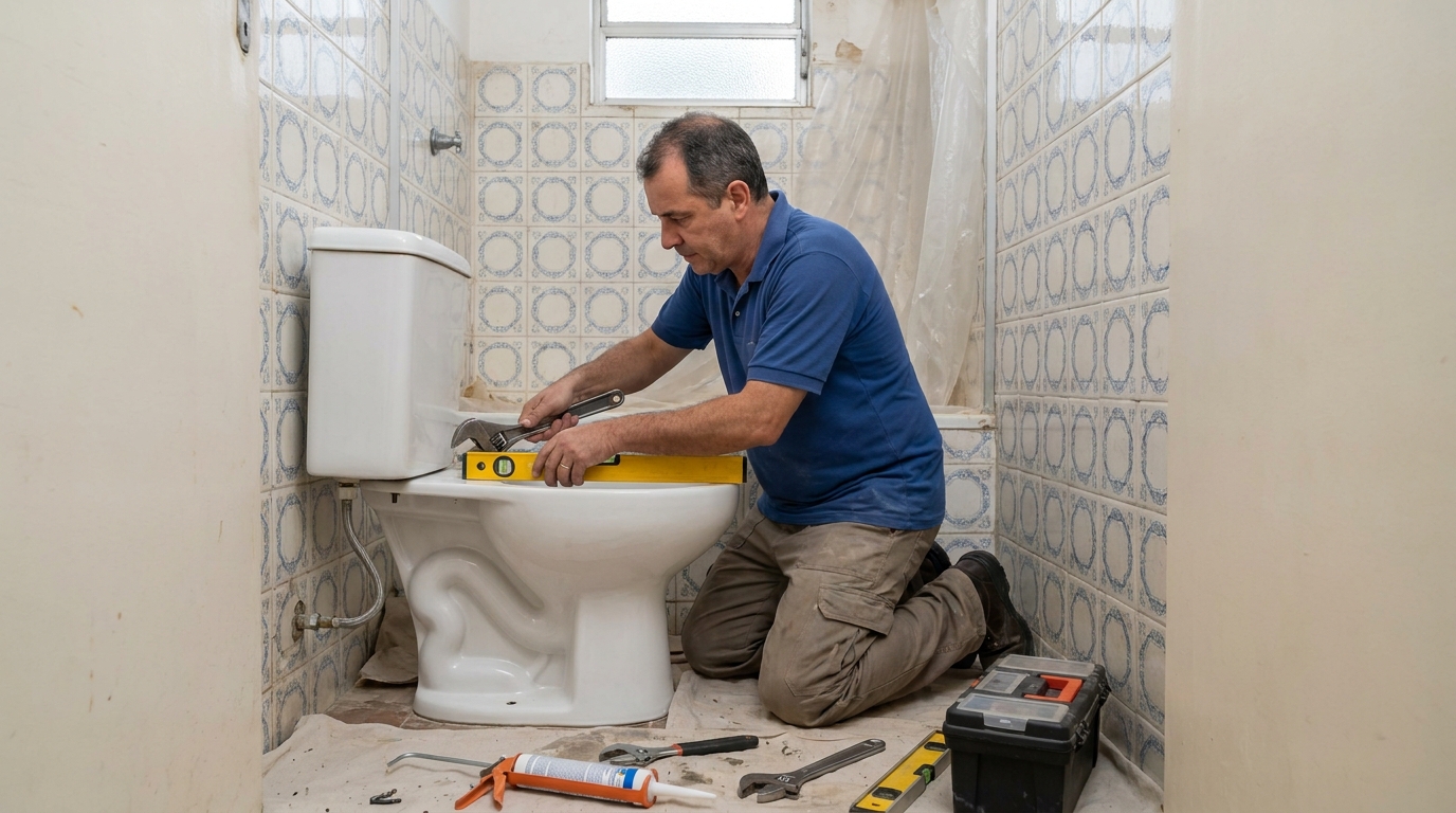 Técnico instalando vaso sanitário em Duque de Caxias‑RJ